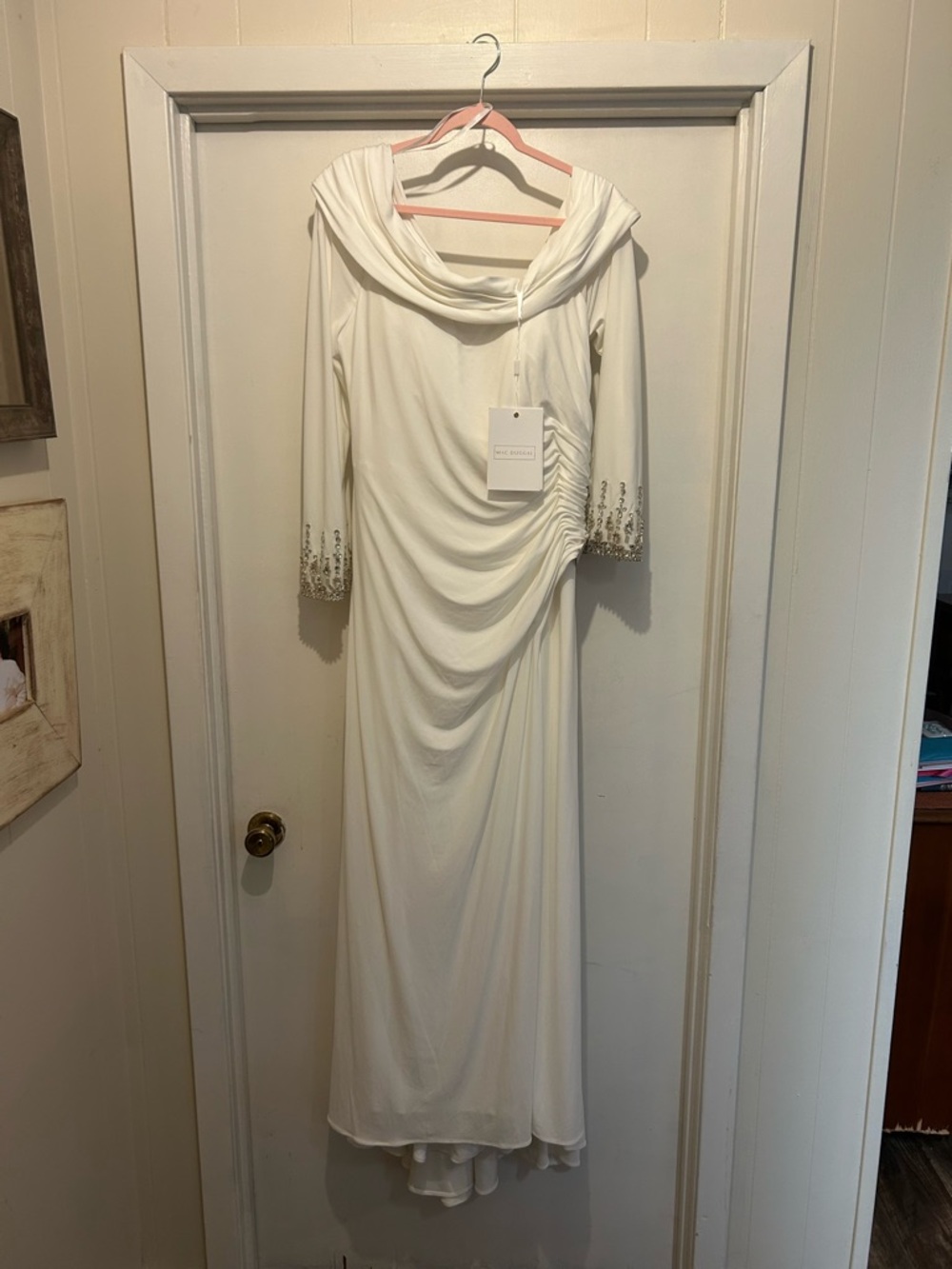 Mac Duggal Ivory Cowl-Neck Maxi Gown with Beaded Cuffs